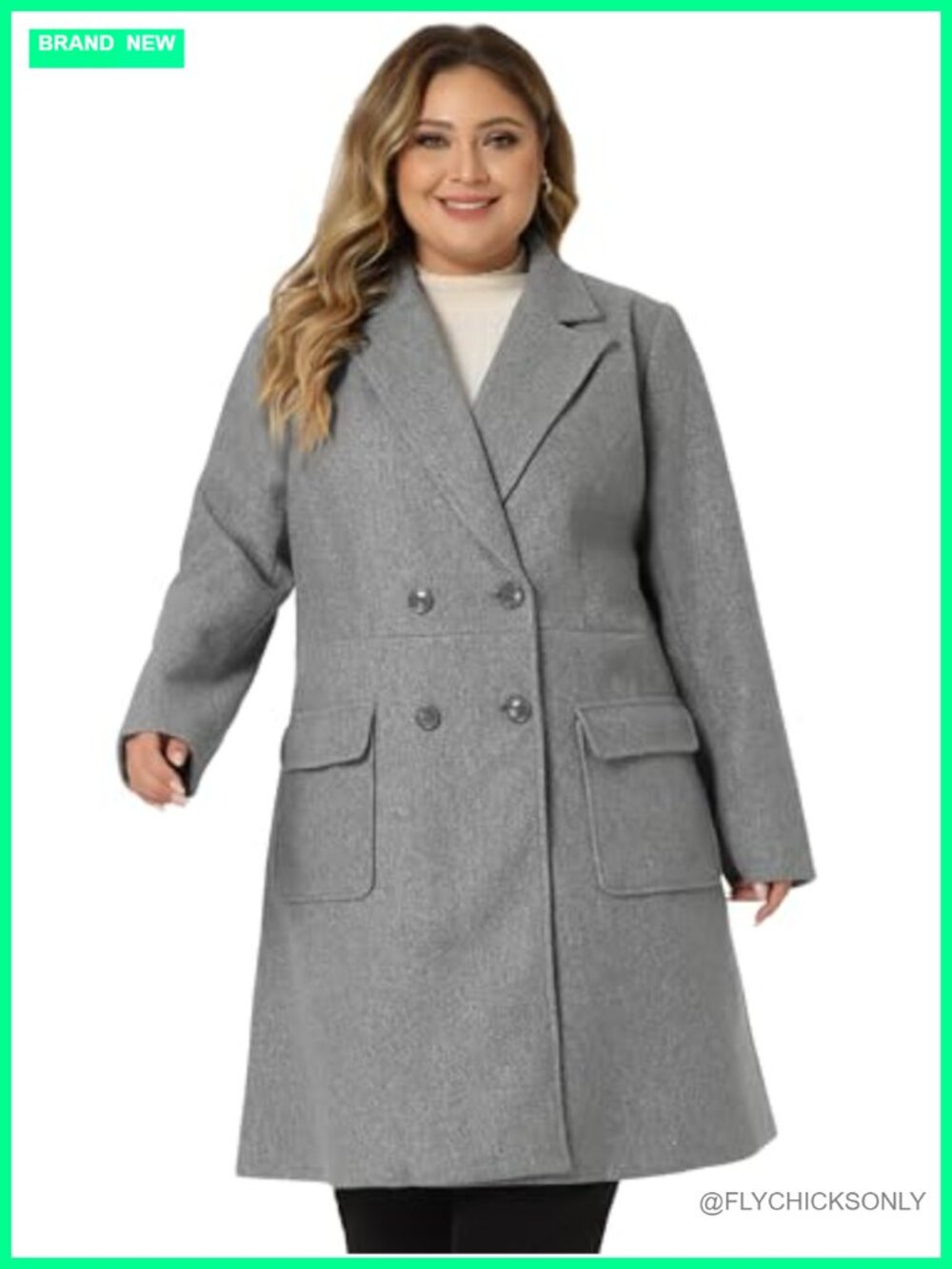 Plus Size Double Breasted Trench Coat Notched Lapel Long Sleeve Mid-Length Pea